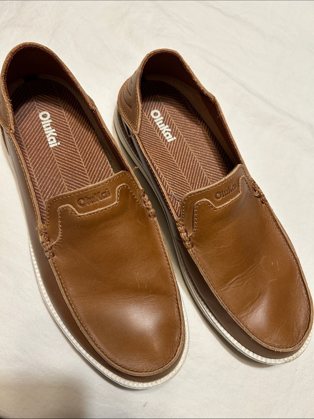 OluKai Men's Tan Leather Slip-On Loafers